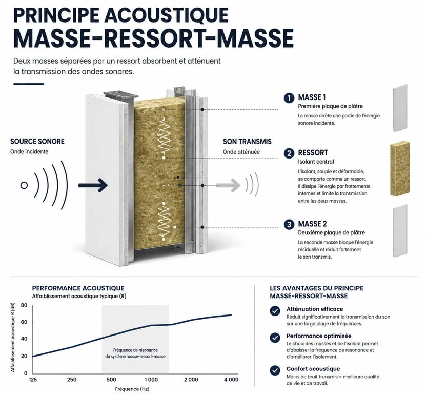 Schéma du principe masse-ressort-masse pour l'isolation phonique entre deux chambres