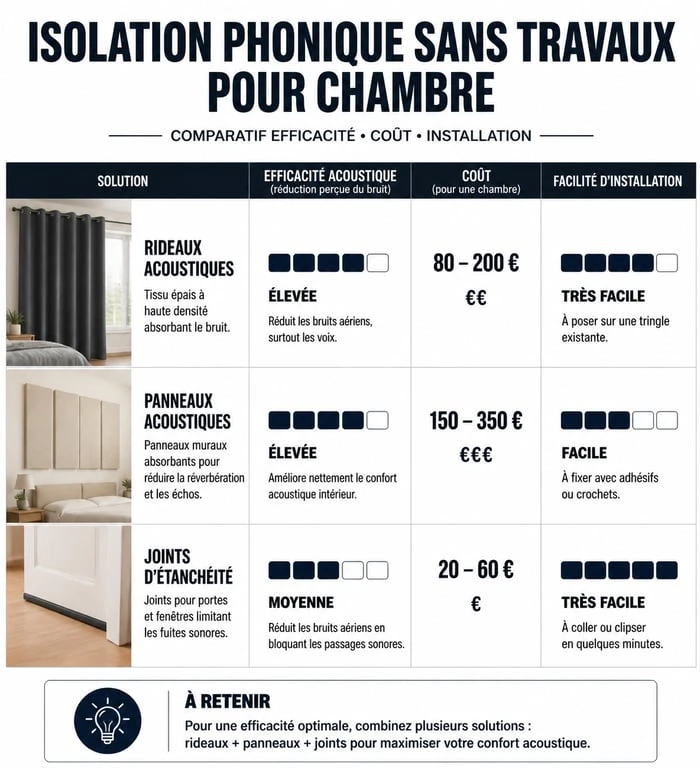 Infographie comparative des solutions d'isolation phonique mur chambre sans travaux