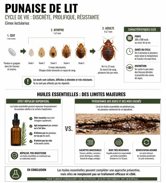 Infographie explicative sur l'efficacité limitée des huiles essentielles contre les punaises de lit et leur cycle de vie
