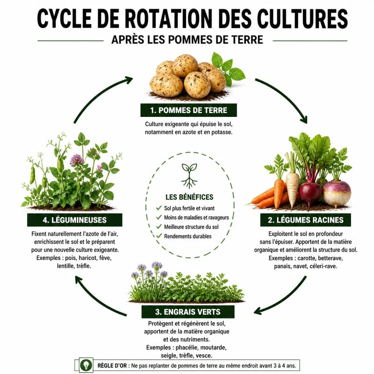 Infographie sur la rotation des cultures après les pommes de terre pour un potager sain