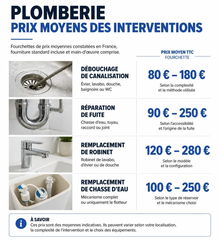 Infographie des prix moyens pour les interventions de plomberie et artisan en 1 clic