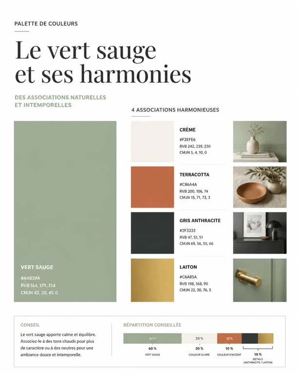 Infographie des associations de couleurs pour une décoration murale vert sauge