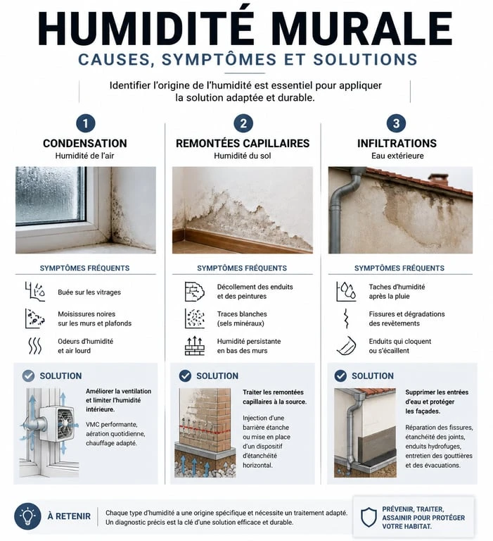 Infographie sur les causes et solutions pour enlever l'humidité sur un mur