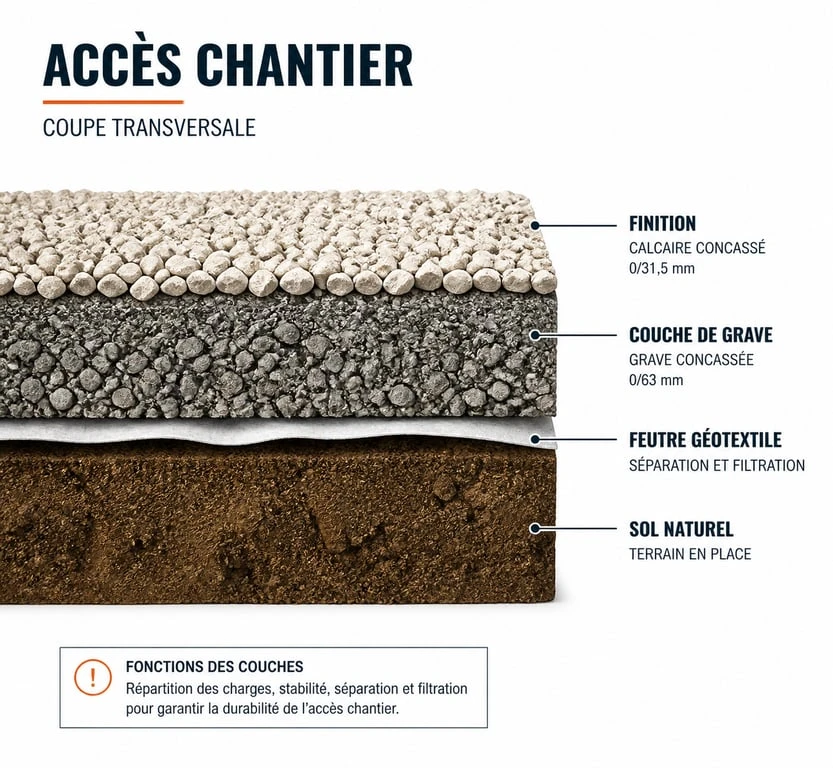 Schéma technique de la structure d'un accès chantier avec géotextile et matériaux de remblai