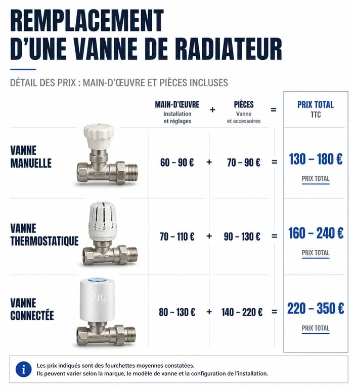Infographie des prix moyens pour le changement d'un robinet de radiateur par un plombier