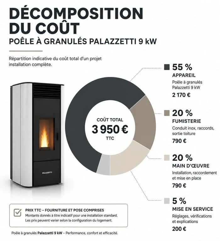 Décomposition du prix d'un poêle à granulés Palazzetti 9 kW et coûts d'installation