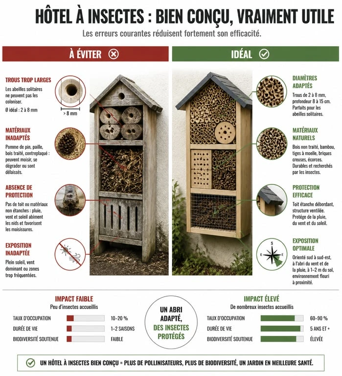 Infographie comparative des erreurs de conception d'un hôtel à insectes et alternatives naturelles pour la biodiversité