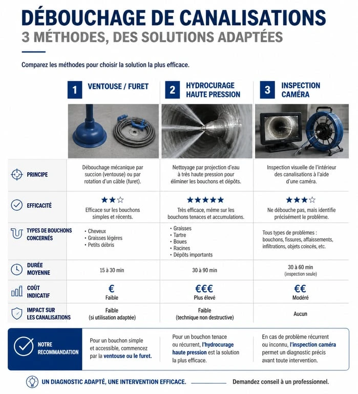 Comparatif des méthodes de débouchage WC : manuel, hydrocurage et inspection caméra dans le Doubs