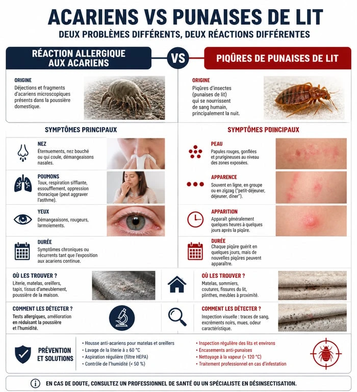 Infographie comparative : boutons acariens lit vs punaises de lit