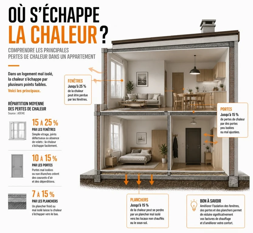 Schéma des points de déperdition de chaleur dans un appartement mal isolé