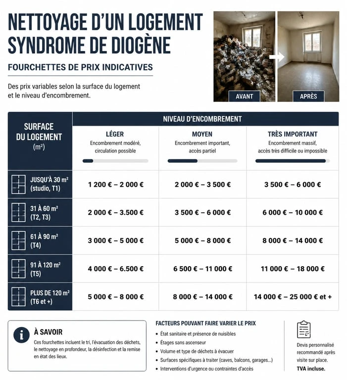 Infographie des tarifs de nettoyage syndrome de Diogène par surface et niveau d'encombrement