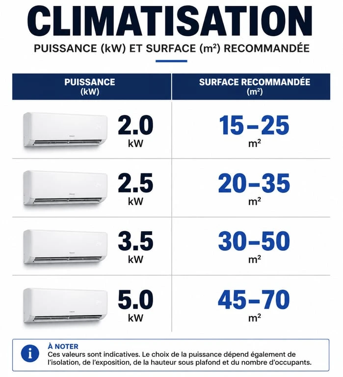 Tableau comparatif puissance climatisation en kW et surface en m2 pour choisir son appareil