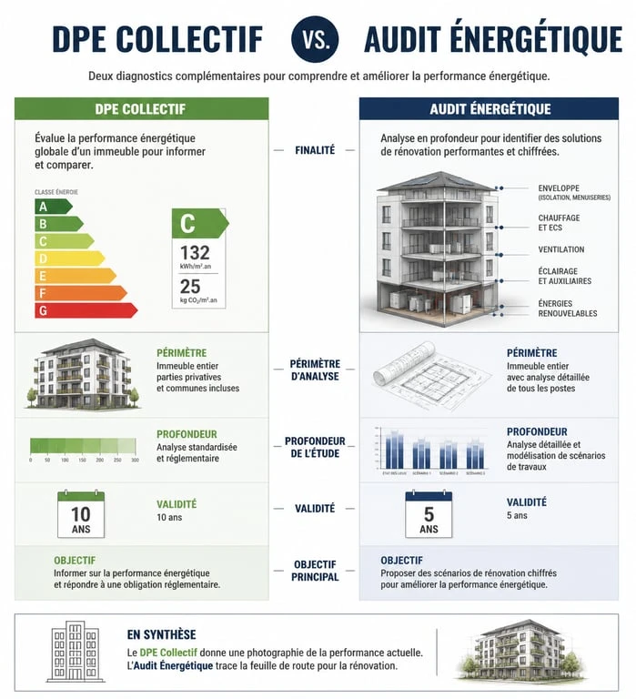 Tableau comparatif entre DPE collectif et audit énergétique pour copropriété
