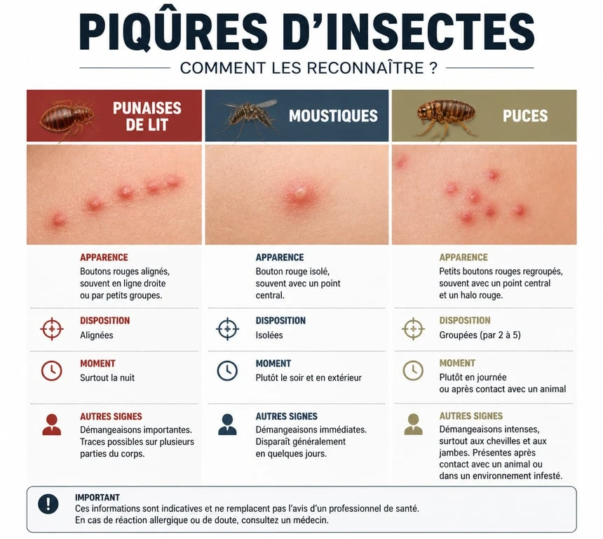 Infographie comparative des piqûres de punaises de lit, moustiques et puces pour identification