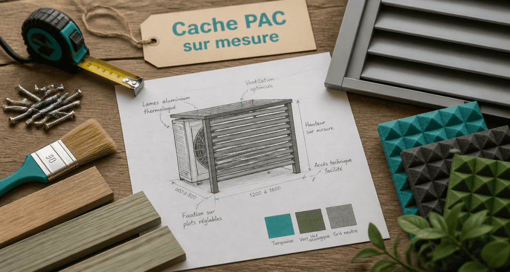 Fabriquer un cache pompe à chaleur, outils et matériaux sur plan de travail