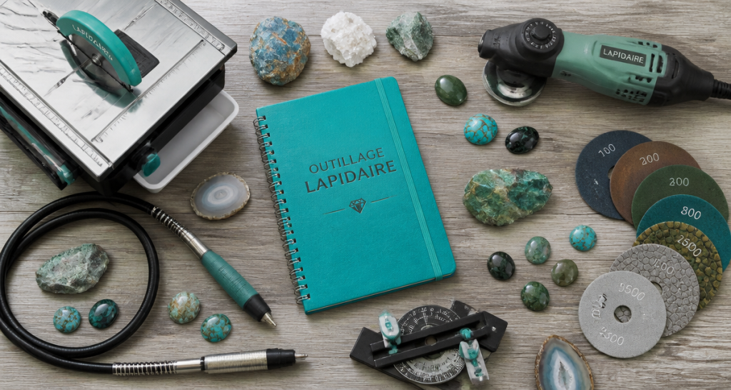 lapidaire outillage vue aérienne outils et pierres