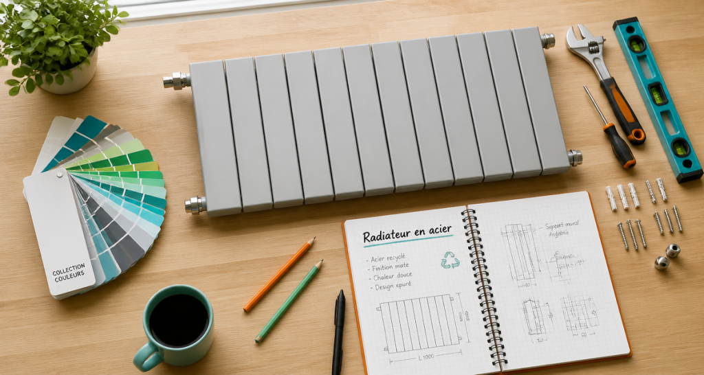 radiateur en acier pour chauffage central avec outils et carnet de calculs