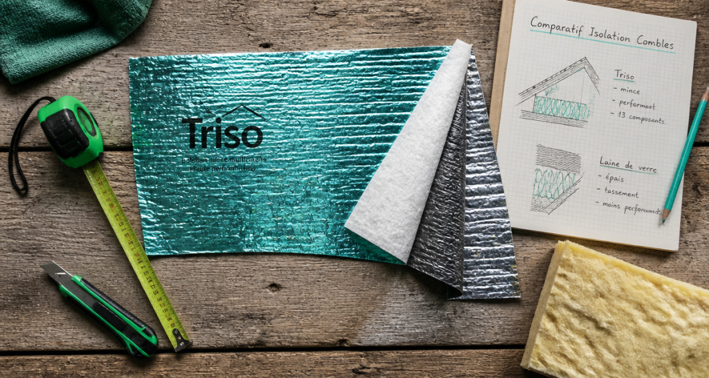 triso toiture avis : isolant mince triso sur établi avec laine de verre