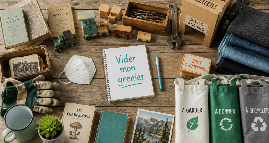 Vider mon grenier objets triés sur table