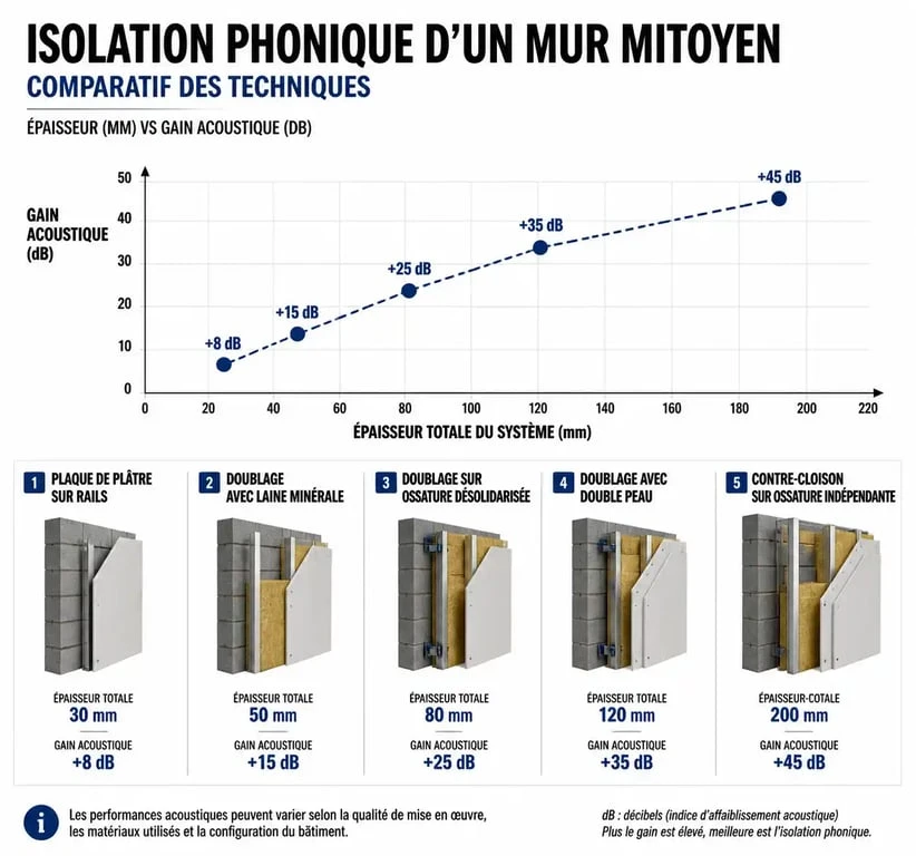 Comparatif des techniques pour isoler phoniquement un mur mitoyen : épaisseur et gain acoustique
