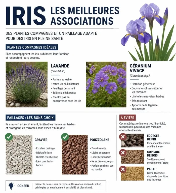 Infographie sur les plantes compagnes et le paillage idéal pour les iris au jardin