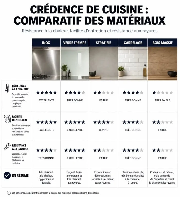 Infographie comparative des matériaux pour choisir sa crédence de cuisine