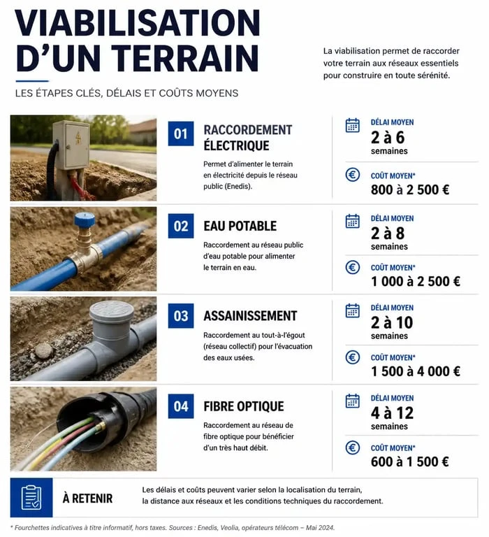 Étapes et coûts de la viabilisation d'un terrain : raccordement aux réseaux EDF, eau et téléphone.