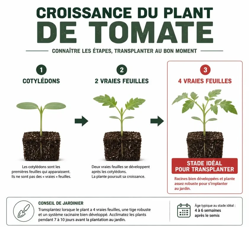 Infographie illustrant les stades de développement des plants de tomates pour savoir à combien de feuilles repiquer