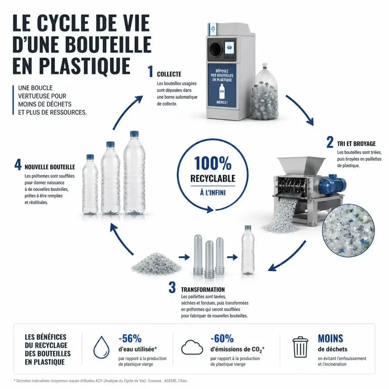 Schéma du processus de recyclage des bouteilles en plastique en borne automatique