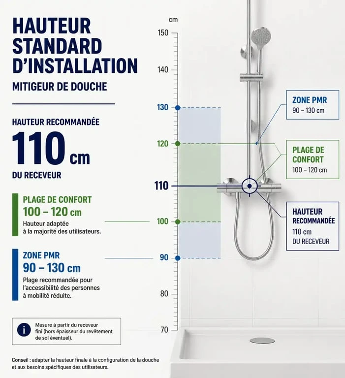 Schéma de la hauteur idéale pour l'installation d'un mitigeur de douche