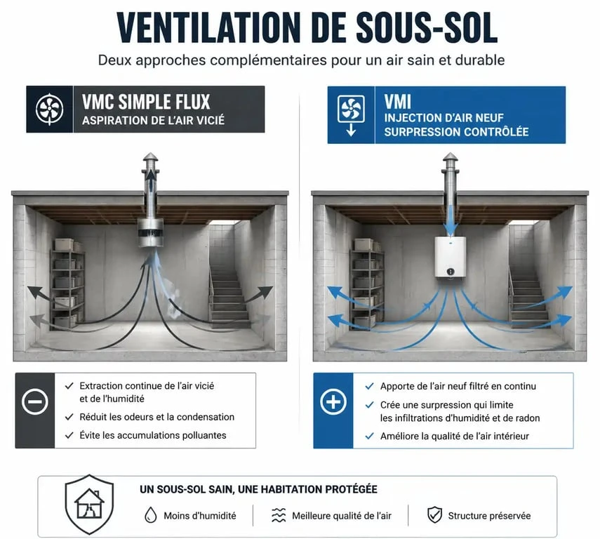 Schéma comparatif de ventilation mécanique sous-sol : VMC vs VMI pour assainir un espace enterré