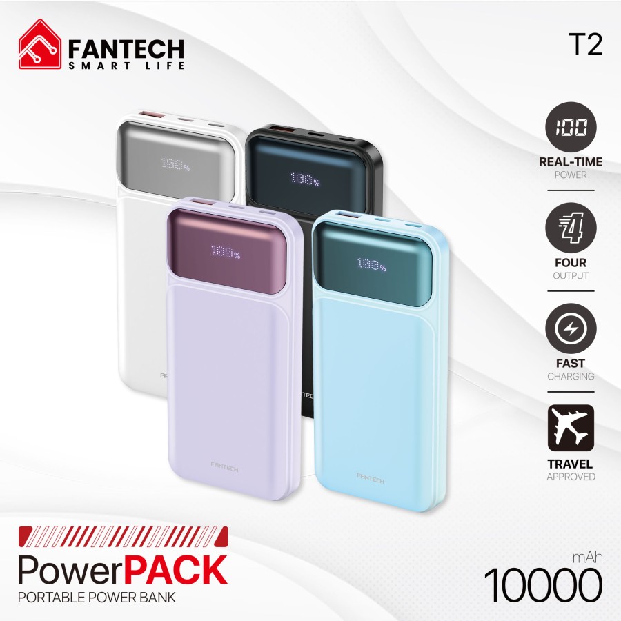 Fantech Powerbank Pesawat 22.5W 10000 mAh Fast Charging Mini LCD with Kabel Data Type C USB Lightning - PowerPack T2 Black Anniversary 16th