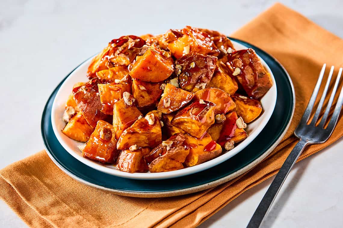 Cinnamon Sugar Sweet Potatoes with Peach Tea Glaze