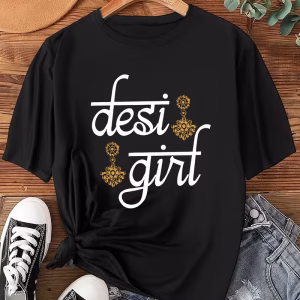 Handwritten English "desi " T-shirt with Golden Ethnic Floral Print, Summer New Short Sleeve Top