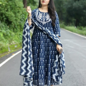 Embroidered neck A Line Kurta set with Pant and Dupatta