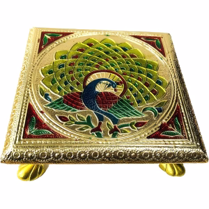 (15.24Cm) Brass Minakari Low Table with Drawer, Bajot (Bajath) Hindu Pooja Table, Wedding Table with Drawer