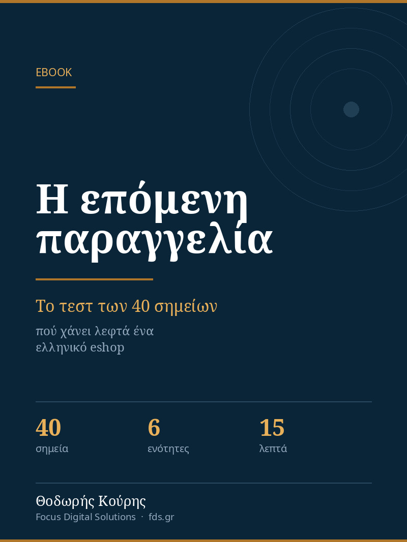 Εξώφυλλο του ebook Η επόμενη παραγγελία, το τεστ των 40 σημείων για ελληνικά eshop