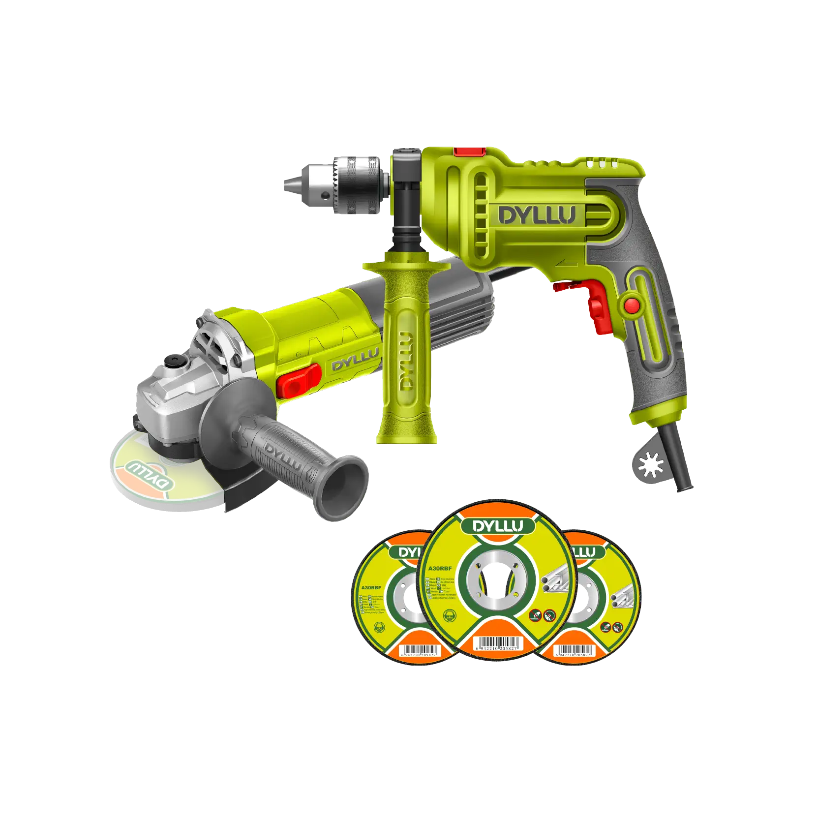 DYLLU Combo Taladro Percutor 1/2"" 650W + Esmeriladora 4-1/2"" 850W + 25 Discos