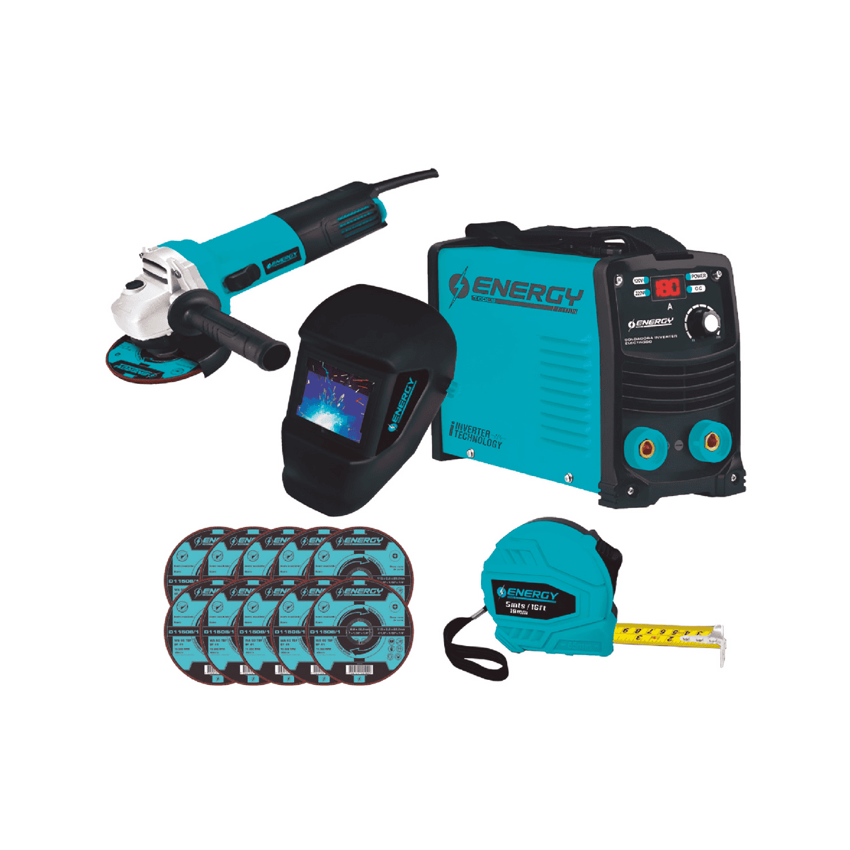 Combo Energy Inversor + Esmeriladora 4-1/2″ 800W + Máscara para soldar + 10 discos 4-1/2″ + Cinta Métrica (130/120E)