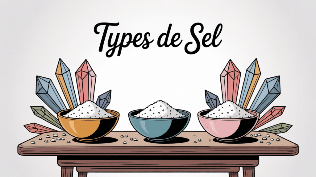 les 3 types de sel côte à côte sur table moderne