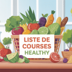 liste de courses healthy sur une table avec aliments sains