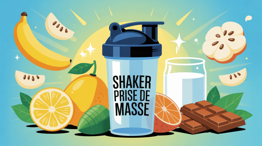 illustration shaker prise de masse avec ingrédients protéines glucides lipides