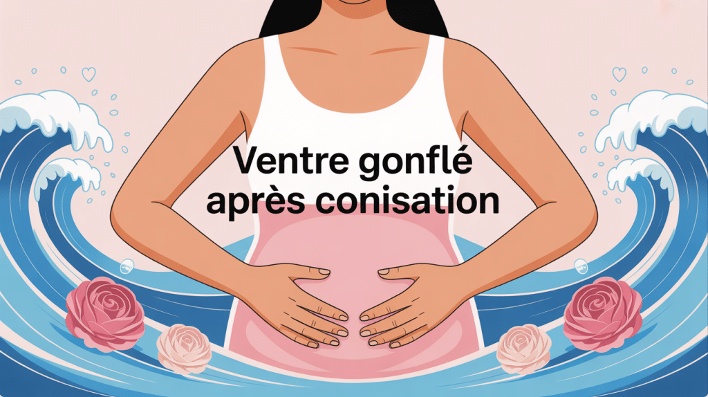 Illustration d'une femme avec ventre gonflé après conisation sur fond pastel