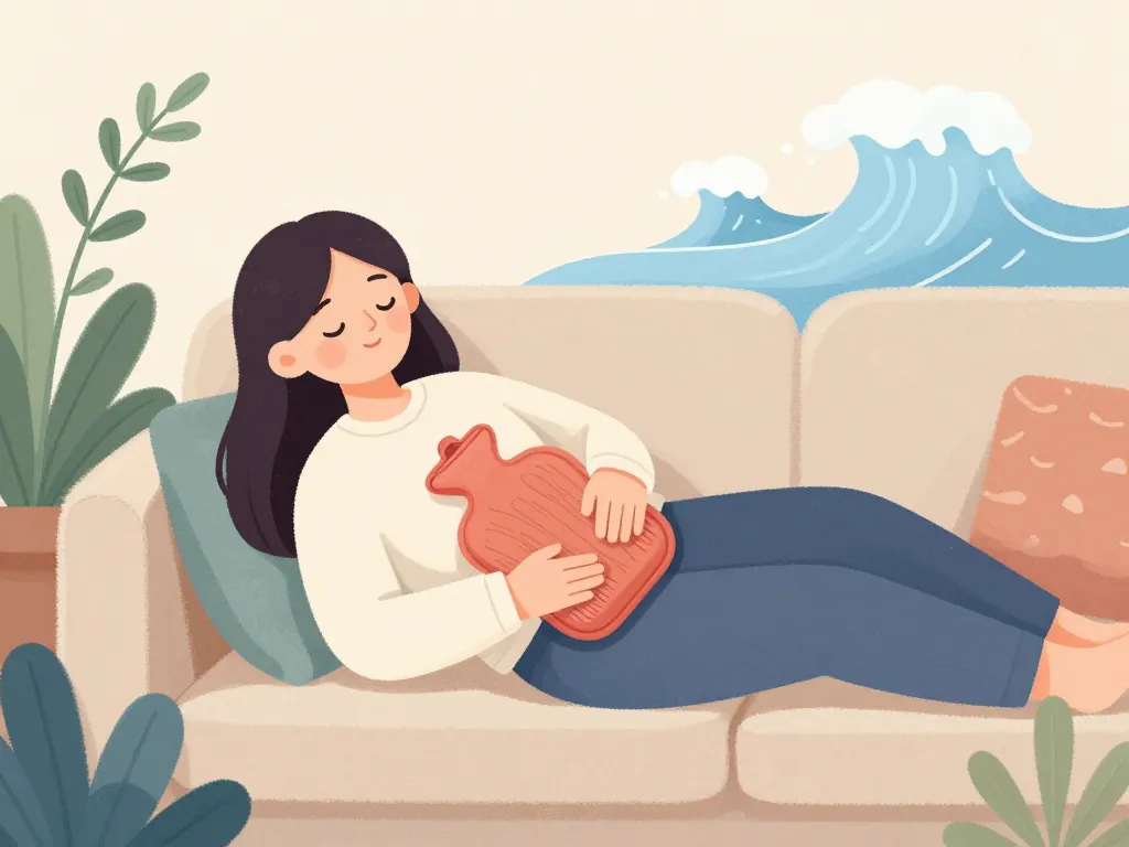 Femme allongée avec bouillotte, ventre gonflé après conisation, ambiance réconfortante