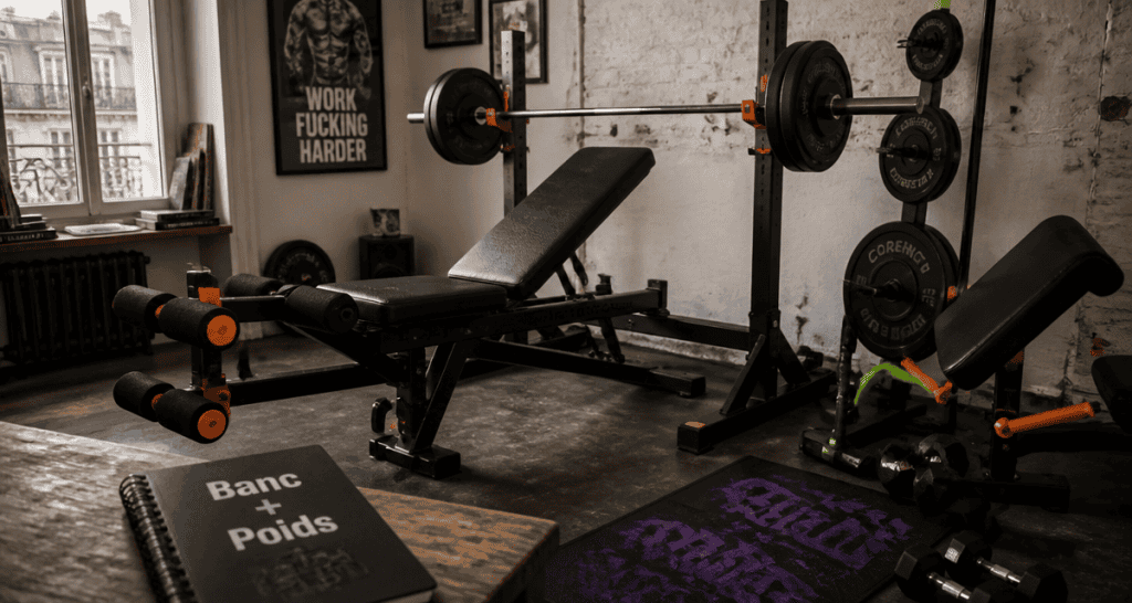 banc de musculation avec poids dans un home-gym