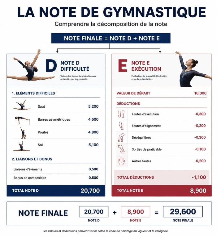 Schéma explicatif de la note gymnastique sur combien, détaillant le calcul entre difficulté et exécution.