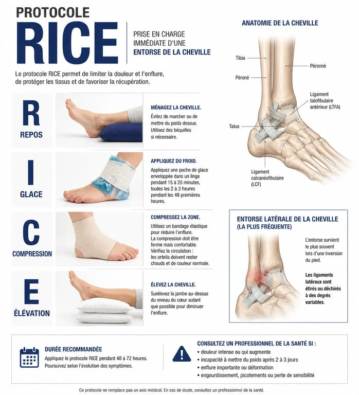 Infographie du protocole RICE pour le traitement d'une entorse à la cheville