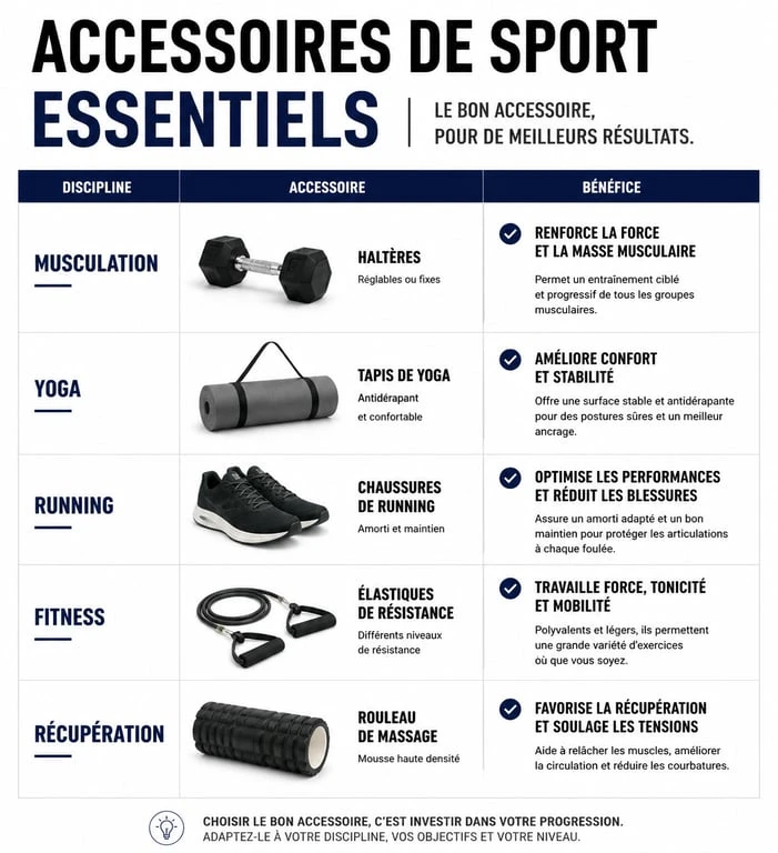 Infographie comparative des accessoires pour sport par discipline