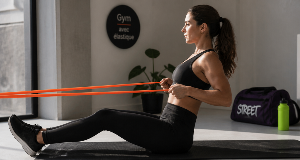 gym avec un elastique femme exercice tirage salon