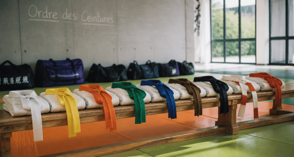 ordre des ceintures au judo alignées sur banc